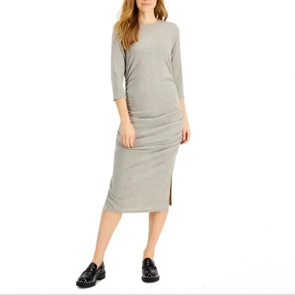 Grey 3/4-Sleeve Ruched Dress